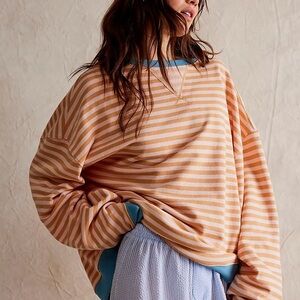 Free People Striped Camden Oversized Crewneck Latte Combo